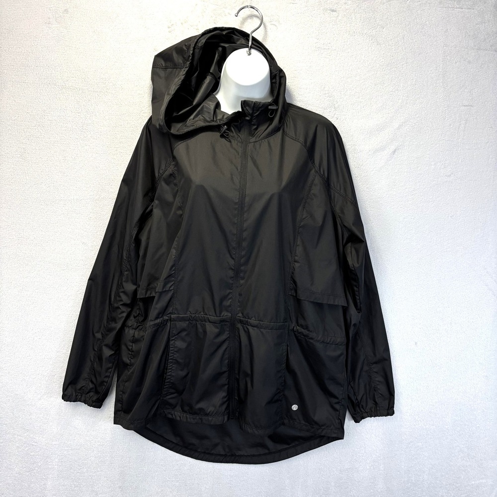 Apana Lightweight Windbreaker Jacket Womens L Black Hooded Full Zip Pockets